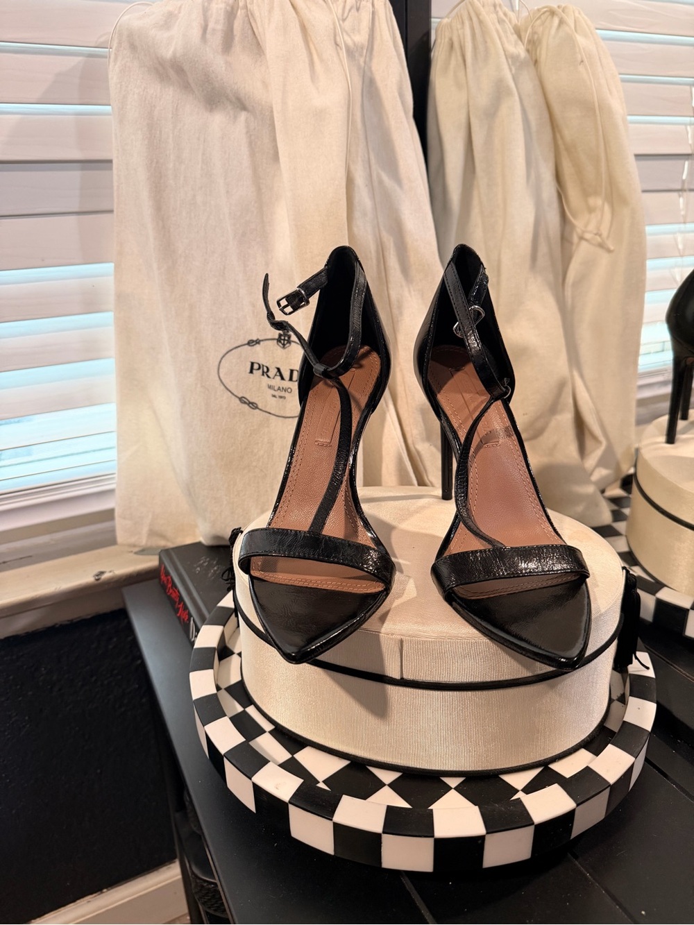 BCBGMaxAzria Black Patent Leather Pointed-Toe Ankle-Strap Heels